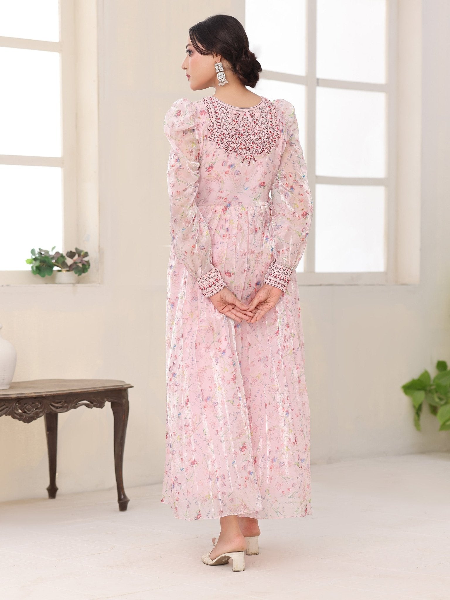 Petal Whisper pink floral organza dress with embroidered bodice and puffed sleeves