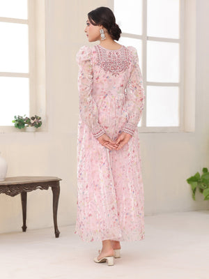 Petal Whisper pink floral organza dress with embroidered bodice and puffed sleeves