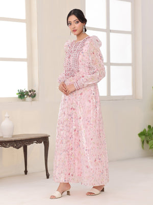 Petal Whisper pink floral organza dress with embroidered bodice and puffed sleeves