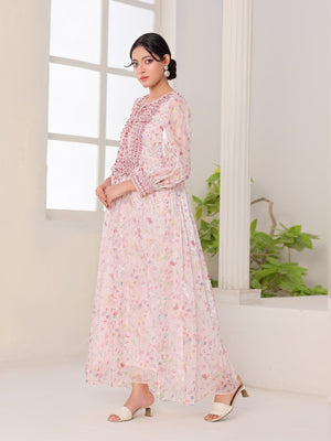 Petal Whisper pink floral organza dress with embroidered bodice and puffed sleeves