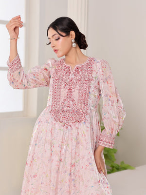 Petal Whisper pink floral organza dress with embroidered bodice and puffed sleeves