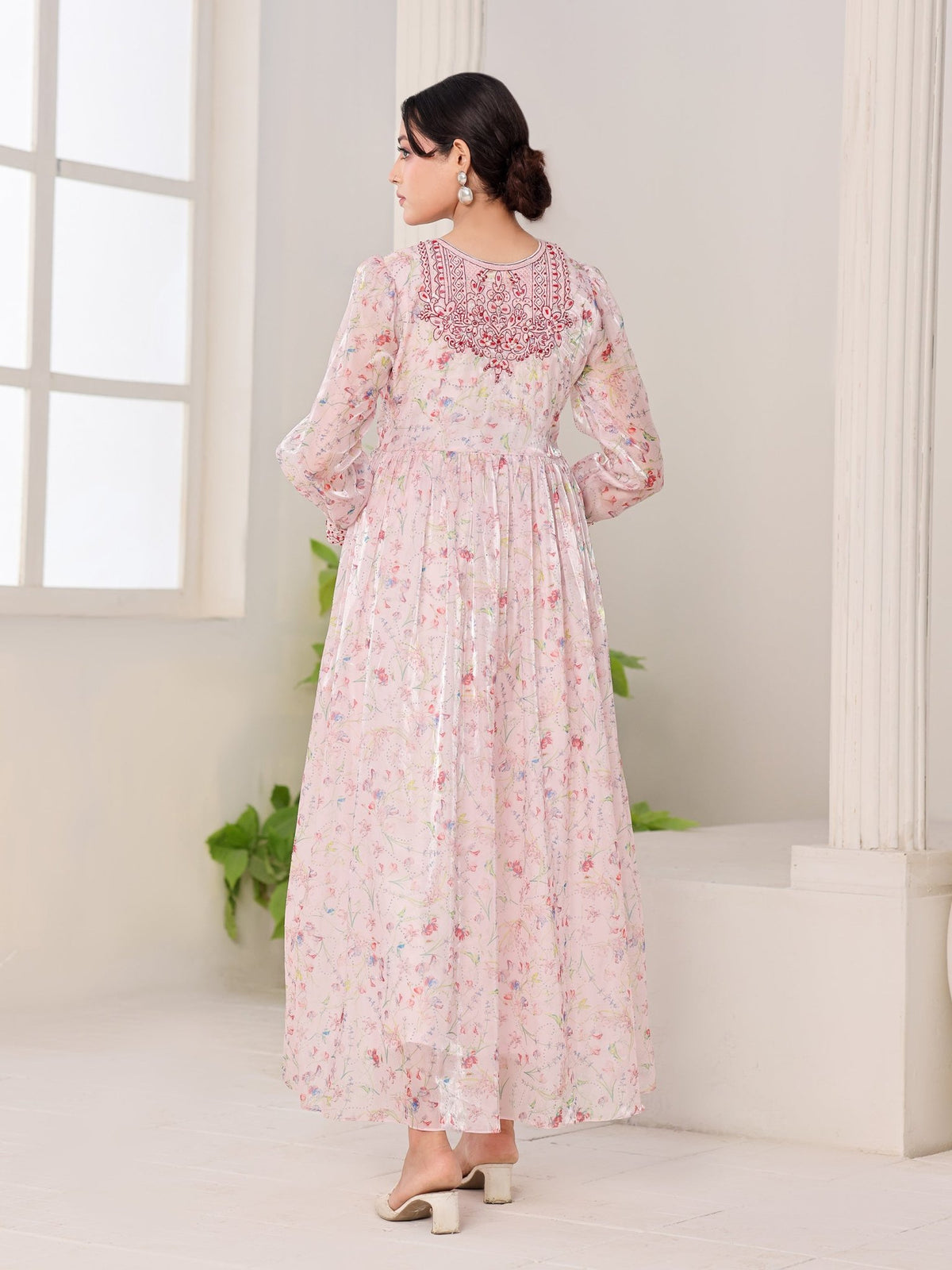Petal Whisper pink floral organza dress with embroidered bodice and puffed sleeves