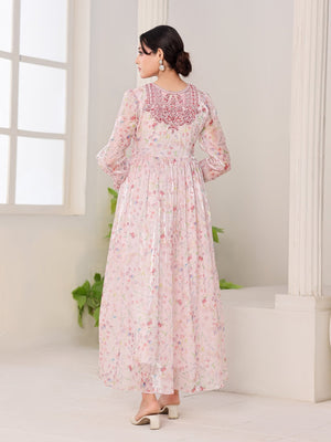 Petal Whisper pink floral organza dress with embroidered bodice and puffed sleeves