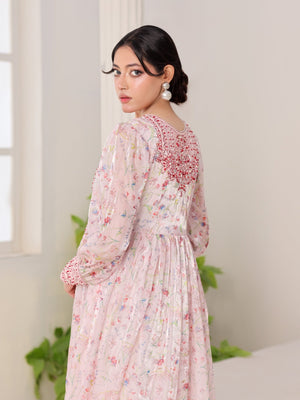 Petal Whisper pink floral organza dress with embroidered bodice and puffed sleeves