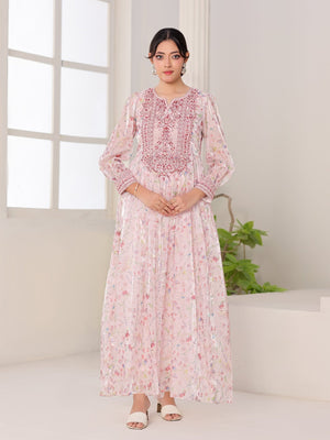 Petal Whisper pink floral organza dress with embroidered bodice and puffed sleeves