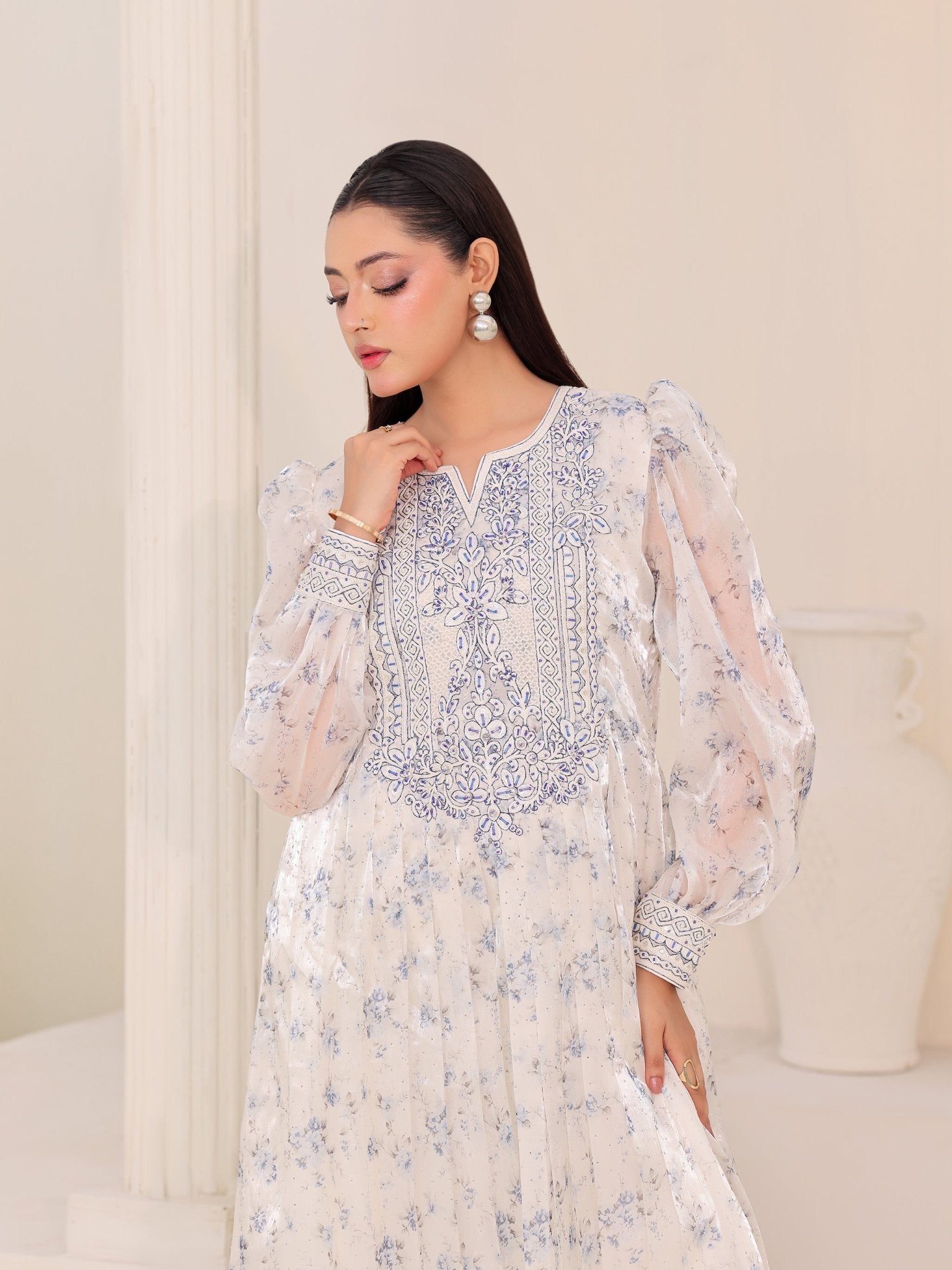 Moonlit Flora ivory organza dress with blue floral print and hand embroidery