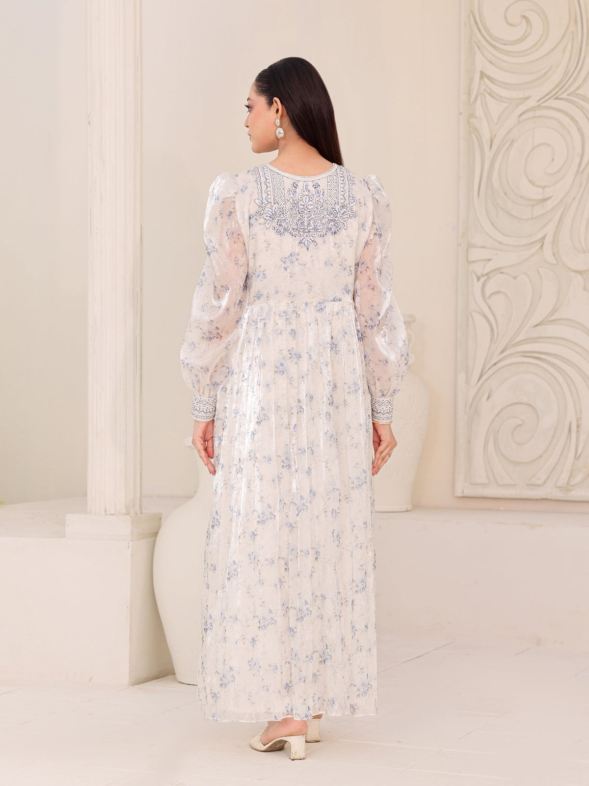 Moonlit Flora ivory organza dress with blue floral print and hand embroidery
