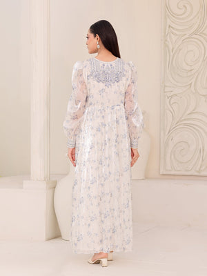 Moonlit Flora ivory organza dress with blue floral print and hand embroidery