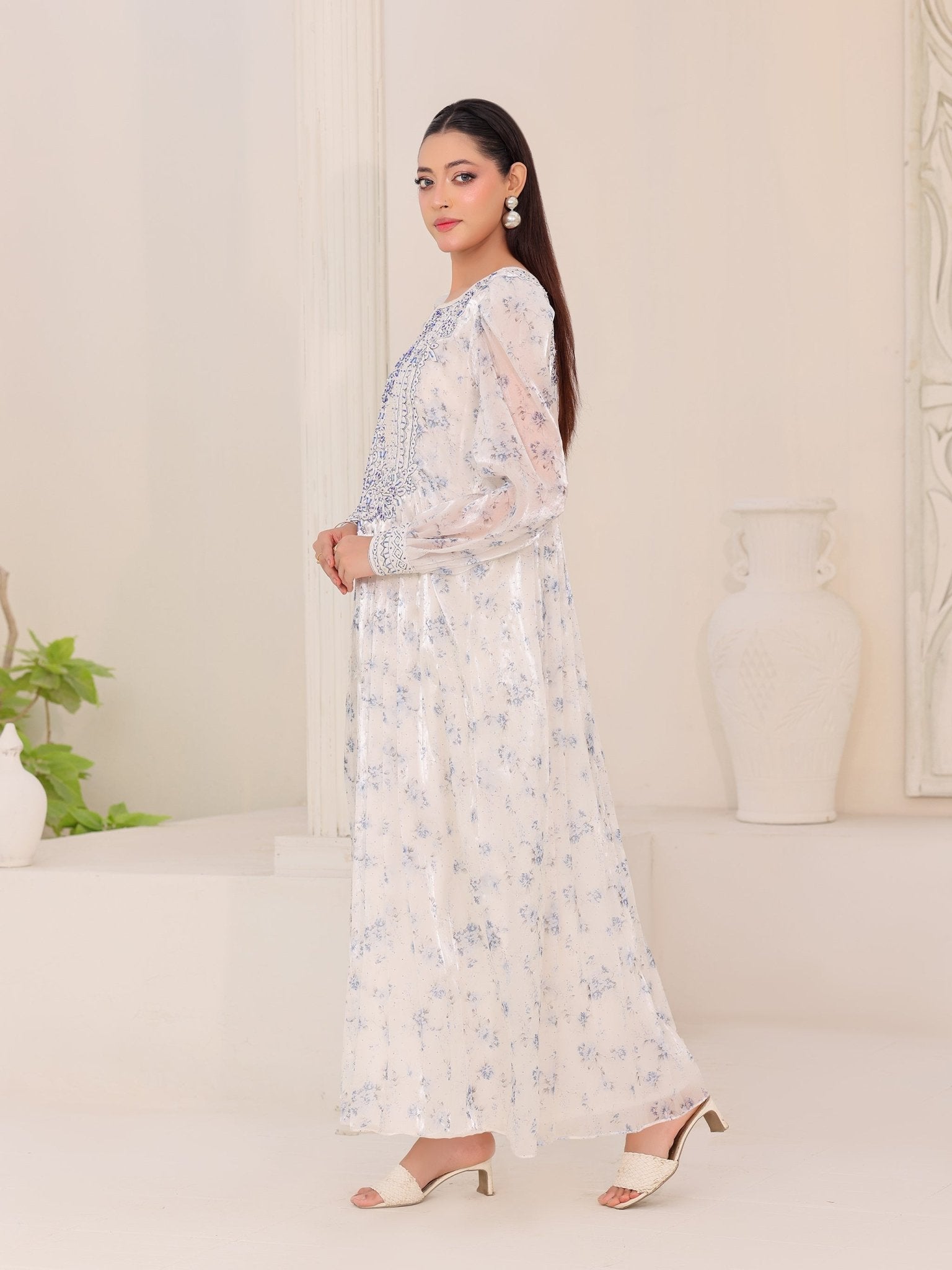 Moonlit Flora ivory organza dress with blue floral print and hand embroidery
