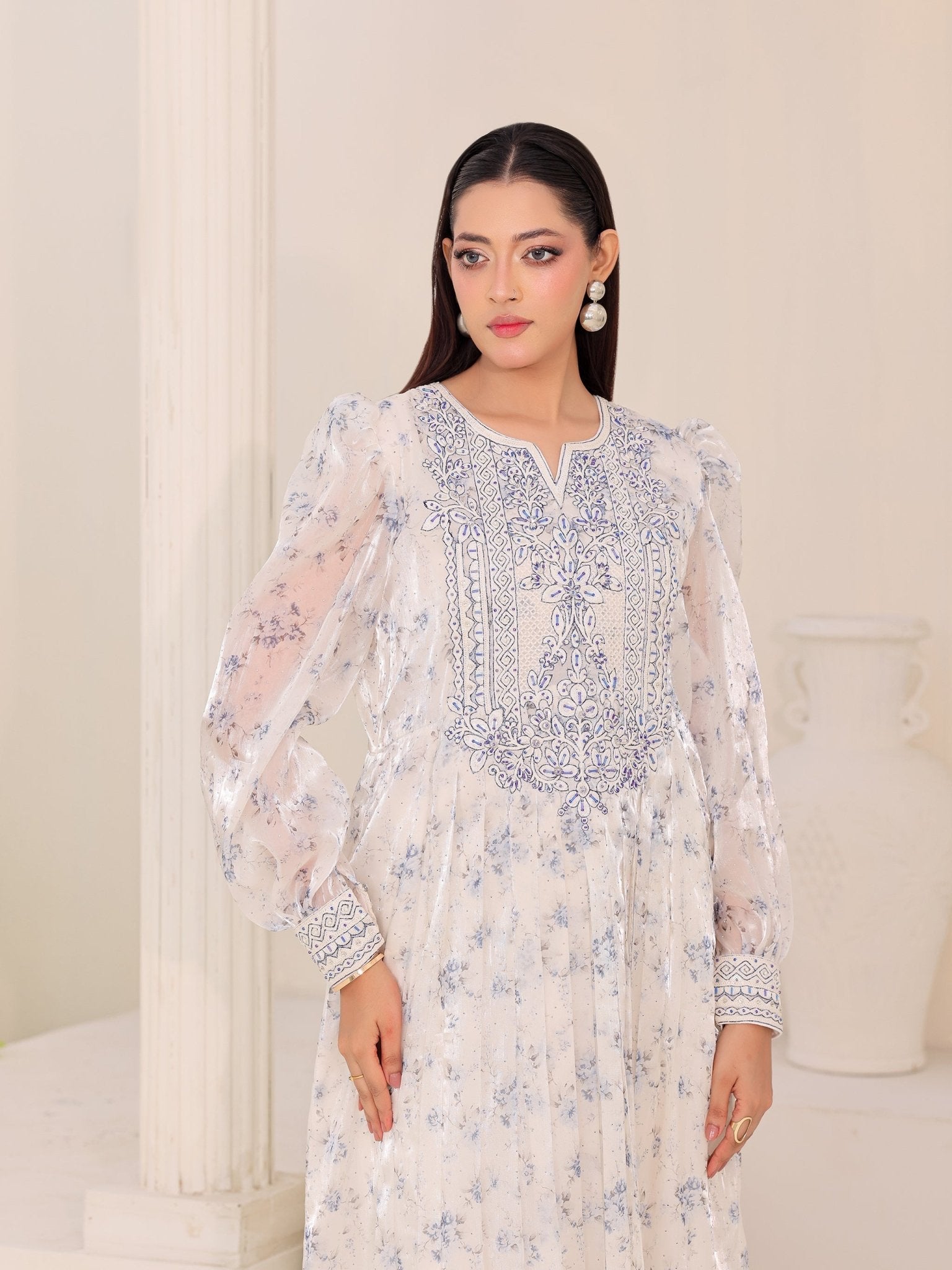 Moonlit Flora ivory organza dress with blue floral print and hand embroidery