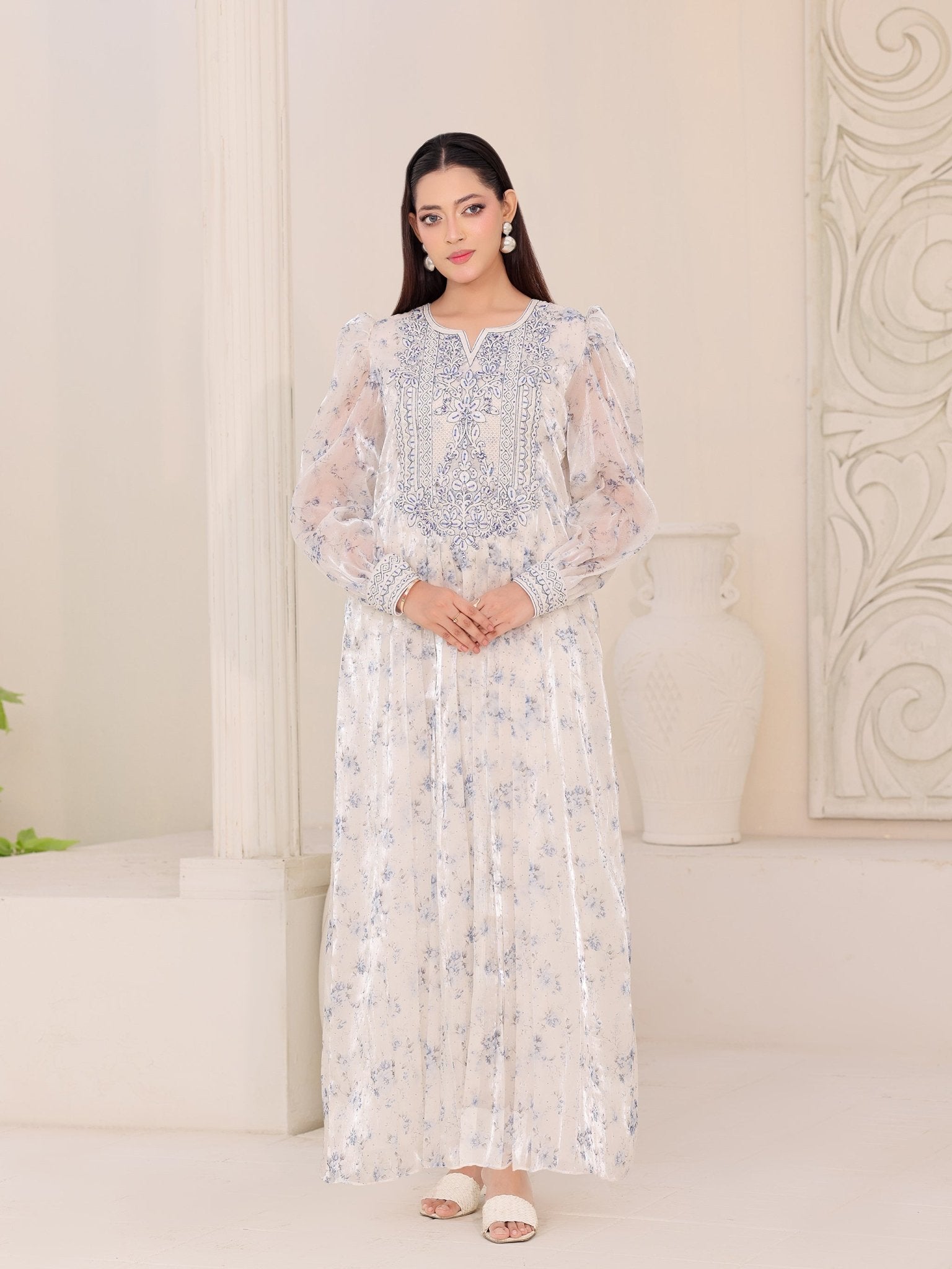 Moonlit Flora ivory organza dress with blue floral print and hand embroidery