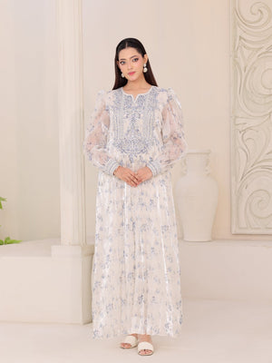 Moonlit Flora ivory organza dress with blue floral print and hand embroidery